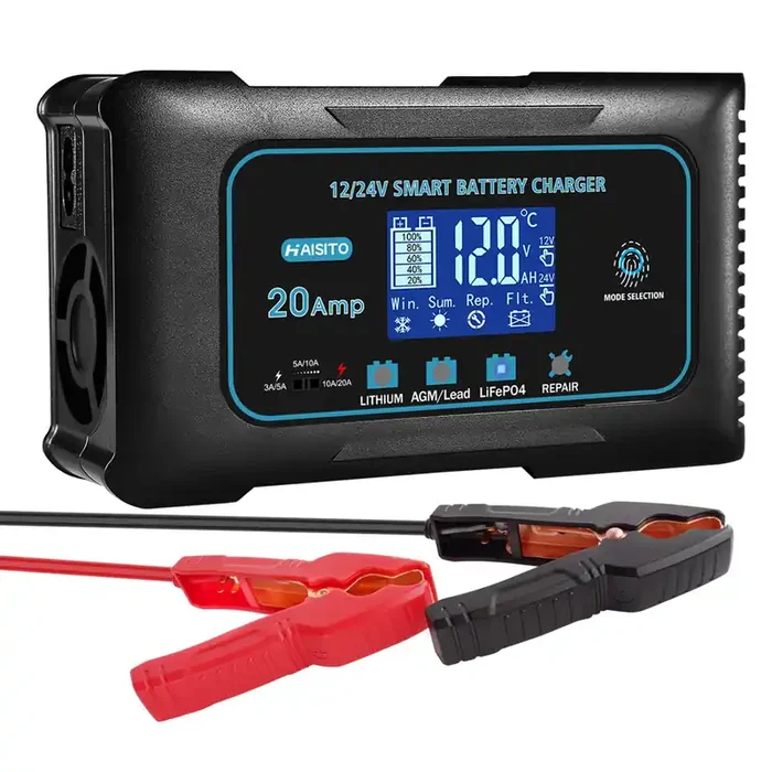 20 Amp Lithium Battery Charger, 12V and 24V Lifepo4,Lead-Acid(AGM/Gel/SLA..) Portable Car Battery Charger,Battery Maintainer, Tr