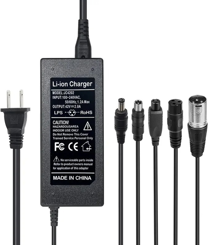42V 2A Charger 5 Plugs Universal for 36V Lithium Battery, Pack DC 5.5 * 2.1 with 8mm 3 Prong Connector /12mm 3 Prong Connector /