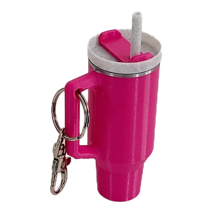 Miniature Stanley Tumbler Cup Replica Keychain – 3D Printed Desk Accessory (Pink)