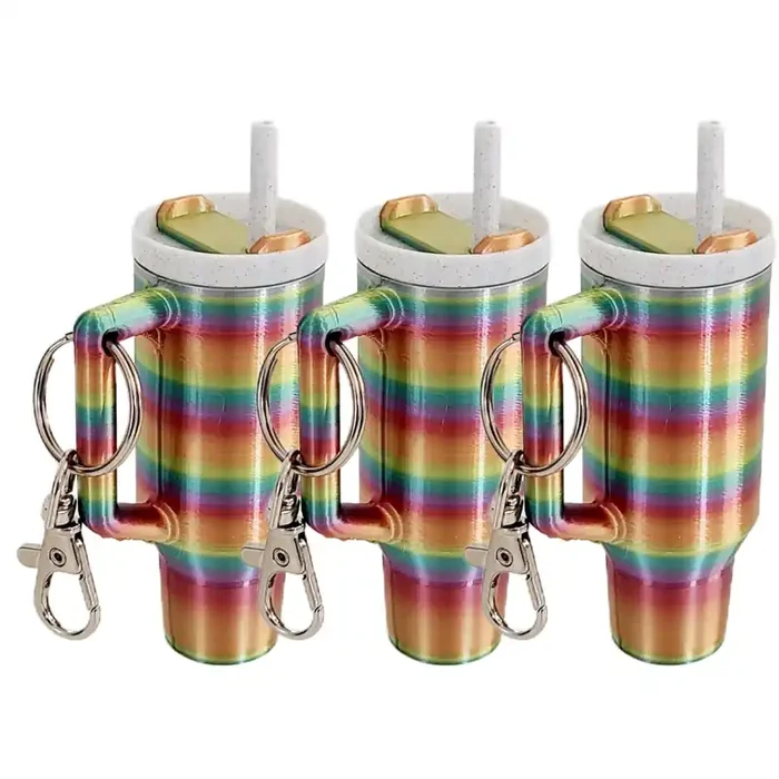 Miniature Tumbler Replica Keychain – 3D Printed Desk Accessory Home Decor (3 Pack Rainbow)