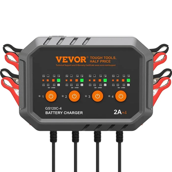VEVOR Smart Battery Charger, 2A x 4, LiFePO4 Lead-Acid (AGM/Gel/SLA) Car Battery Charger, Fully-Automatic Charger Maintainer for